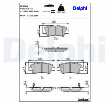 Sada brzdových destiček, kotoučová brzda DELPHI LP3309
