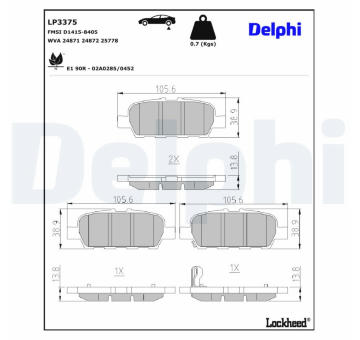 Sada brzdových destiček, kotoučová brzda DELPHI LP3375