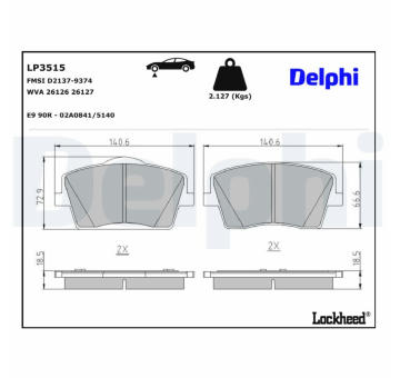 Sada brzdových destiček, kotoučová brzda DELPHI LP3515