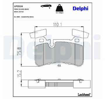 Sada brzdových destiček, kotoučová brzda DELPHI LP3516