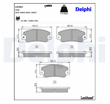 Sada brzdových destiček, parkovací brzda DELPHI LP353