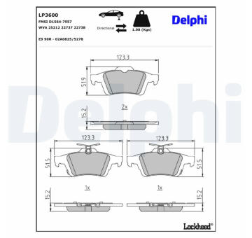 Sada brzdových destiček, kotoučová brzda DELPHI LP3600