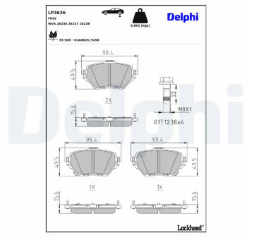 Sada brzdových destiček, kotoučová brzda DELPHI LP3636