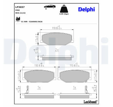 Sada brzdových destiček, kotoučová brzda DELPHI LP3657