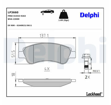 Sada brzdových destiček, kotoučová brzda DELPHI LP3660