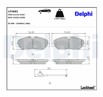 Sada brzdových destiček, kotoučová brzda DELPHI LP3683