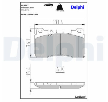 Sada brzdových destiček, kotoučová brzda DELPHI LP3867