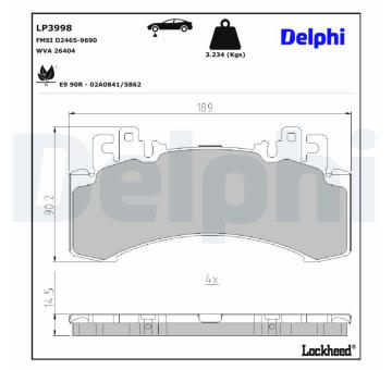 Sada brzdových destiček, kotoučová brzda DELPHI LP3998