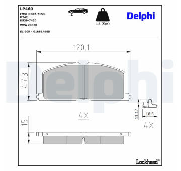 Sada brzdových destiček, kotoučová brzda DELPHI LP460