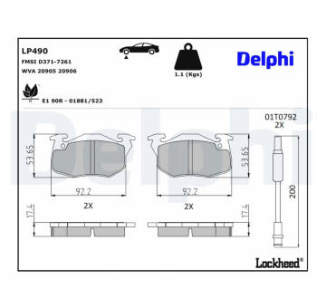 Sada brzdových destiček, parkovací brzda DELPHI LP490