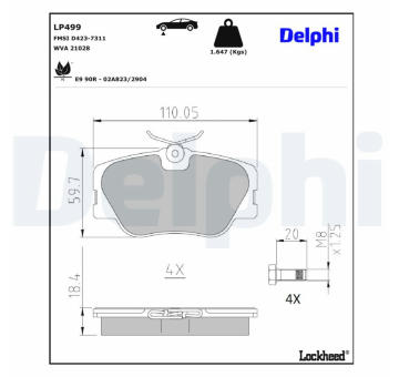 Sada brzdových destiček, kotoučová brzda DELPHI LP499