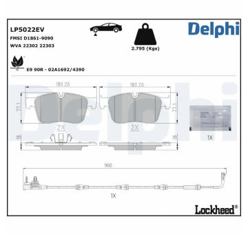 Sada brzdových destiček, kotoučová brzda DELPHI LP5022EV