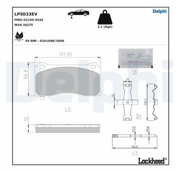 Sada brzdových destiček, kotoučová brzda DELPHI LP5033EV