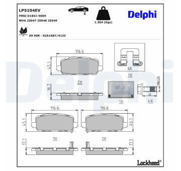 Sada brzdových destiček, kotoučová brzda DELPHI LP5104EV