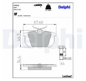 Sada brzdových destiček, kotoučová brzda DELPHI LP522