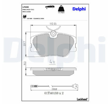 Sada brzdových destiček, kotoučová brzda DELPHI LP608