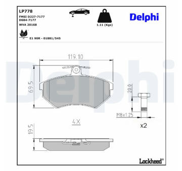 Sada brzdových destiček, kotoučová brzda DELPHI LP778