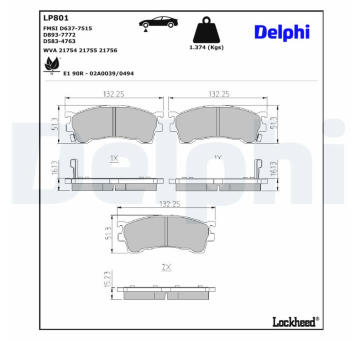 Sada brzdových destiček, kotoučová brzda DELPHI LP801