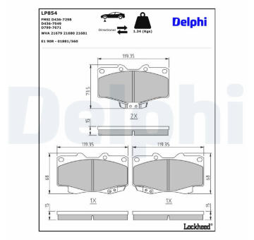 Sada brzdových destiček, parkovací brzda DELPHI LP854