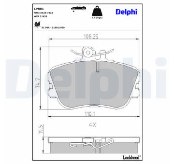 Sada brzdových destiček, kotoučová brzda DELPHI LP881