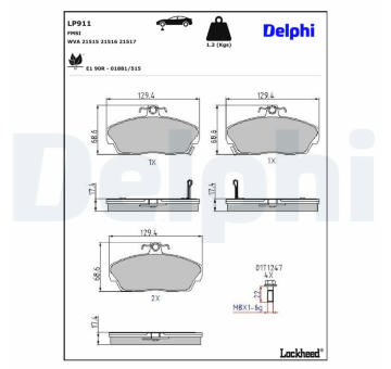 Sada brzdových destiček, kotoučová brzda DELPHI LP911