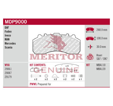 Sada brzdových destiček, kotoučová brzda MERITOR MDP9000