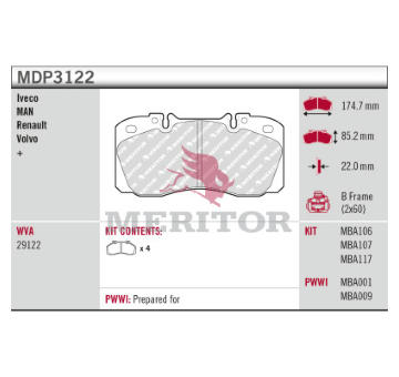 Sada brzdových destiček, kotoučová brzda MERITOR MDP3122
