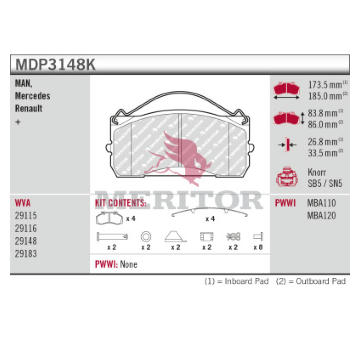 Sada brzdových destiček, kotoučová brzda MERITOR MDP3148K
