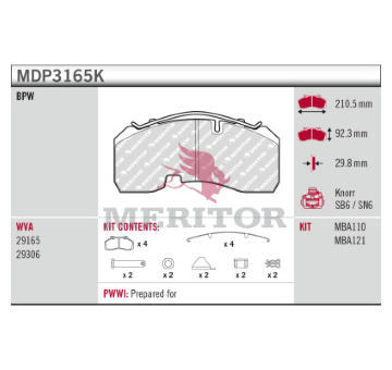 Sada brzdových destiček, kotoučová brzda MERITOR MDP3165K