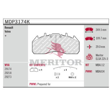 Sada brzdových destiček, kotoučová brzda MERITOR MDP3174K