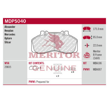 Sada brzdových destiček, kotoučová brzda MERITOR MDP5040