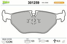 Sada brzdových destiček, kotoučová brzda VALEO 301259