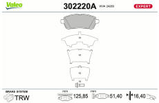 Sada brzdových destiček, kotoučová brzda VALEO 302220A