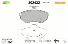Sada brzdových destiček, kotoučová brzda VALEO 302432